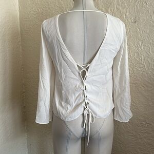 Zara Ivory White Plunge Back Bell Sleeve V-Neck Shirt Top Blouse Small